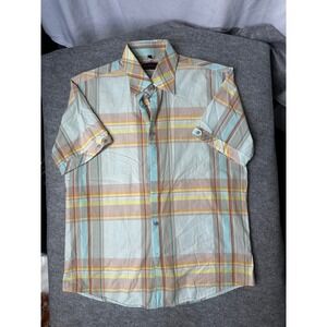 Ben Sherman Mens Large Short Sleeve Button Down Shirt Plaid Blue Yellow Orange